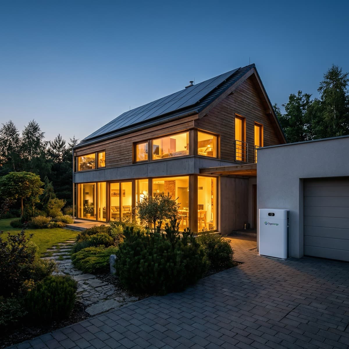 Nowoczesny dom z panelami fotowoltaicznymi i magazynem energii